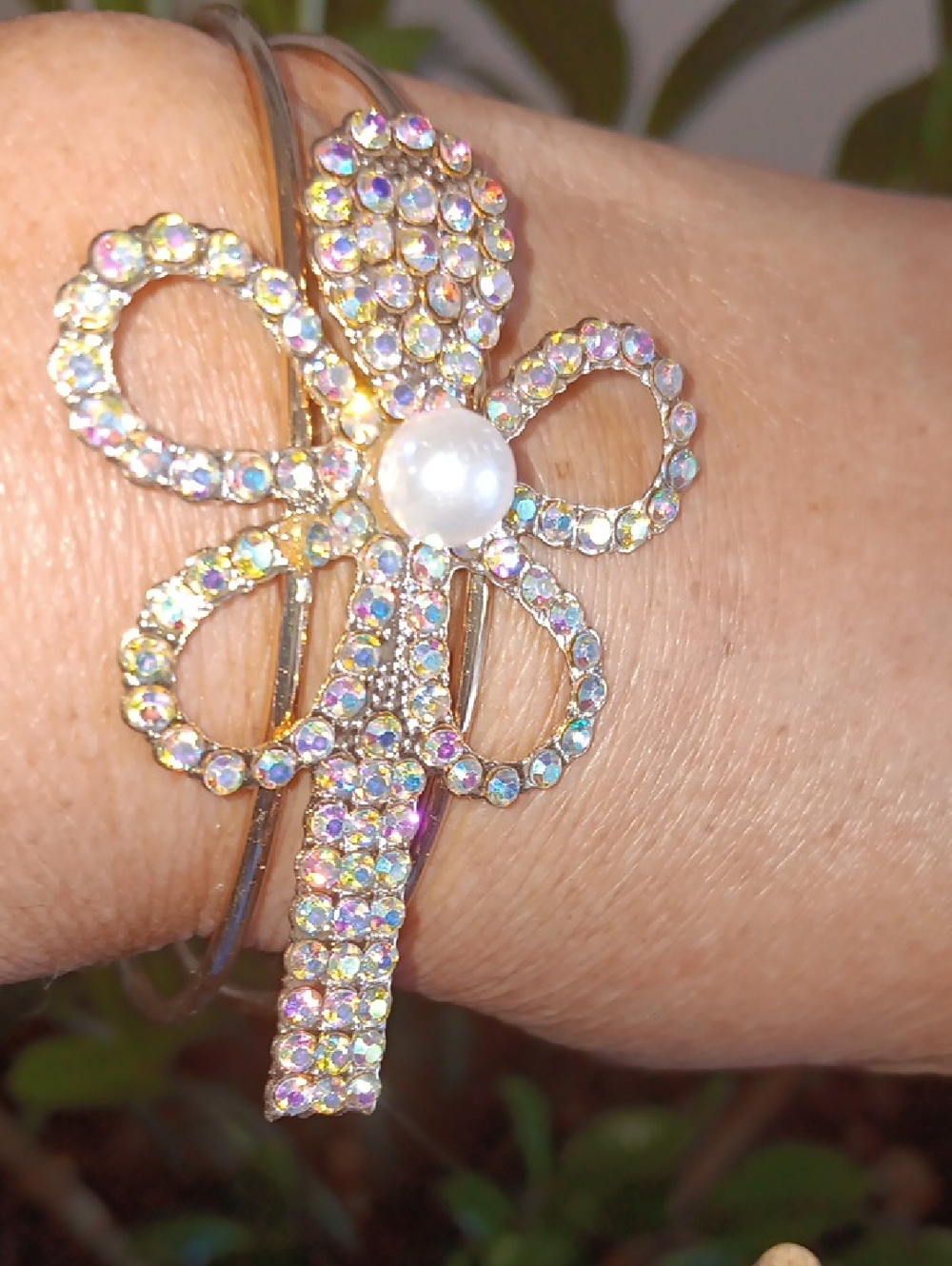 Rhinestone Flower Cuff Bracelet Gold Colored